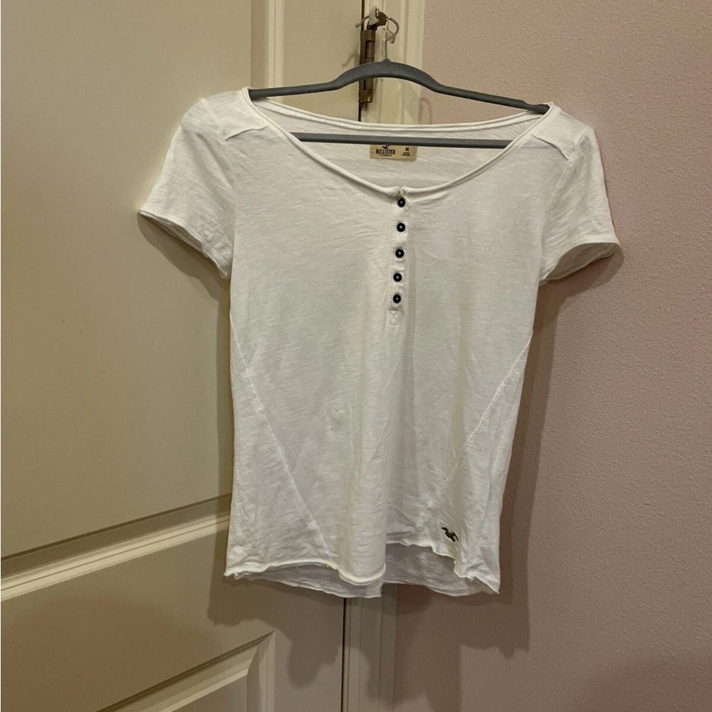 Hollister White Fitted Short Sleeve Buttoned Henley Tee